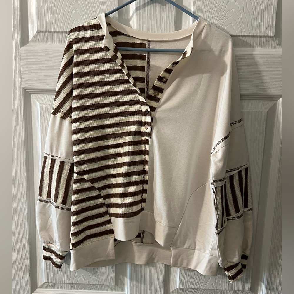Striped Cream and Brown Buttoned Pullover